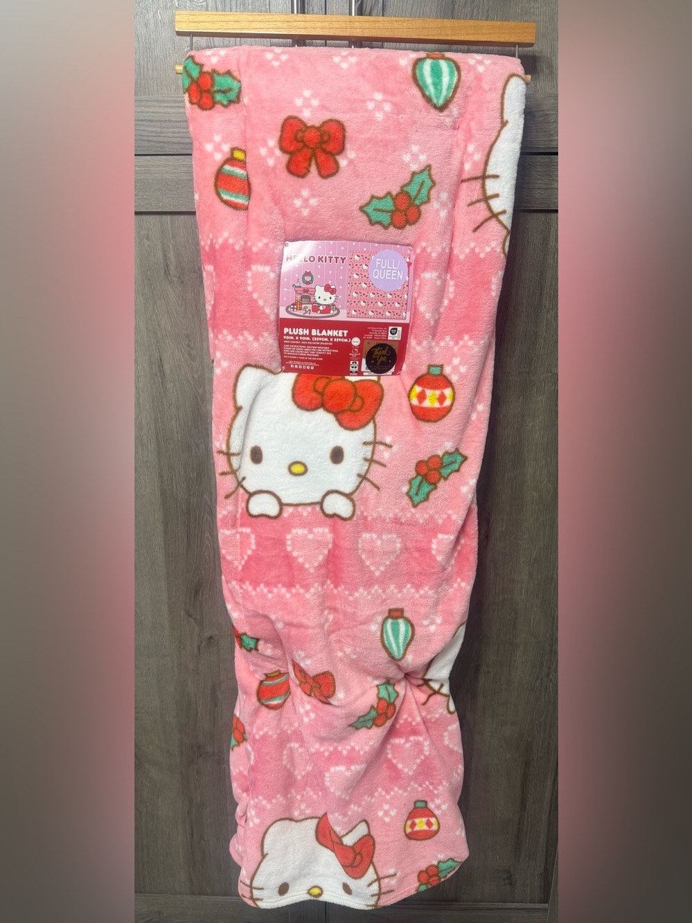 New Hello Kitty Christmas Holiday Stitching Pink 90" x 90" Throw Blanket